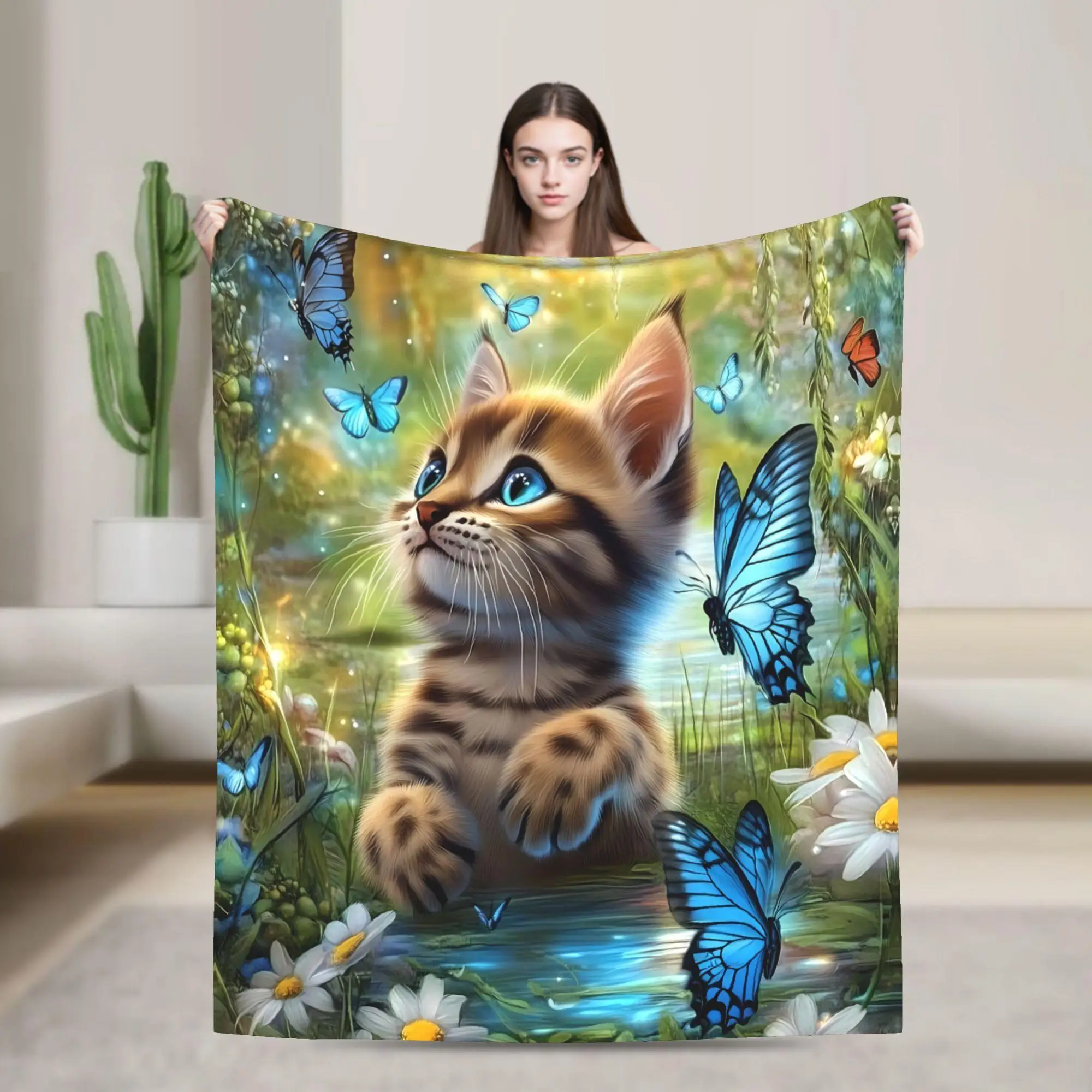 

Modern cat and butterfly patterns Flannel printed blanket suitable for all seasons suitable for living room office sofa travel