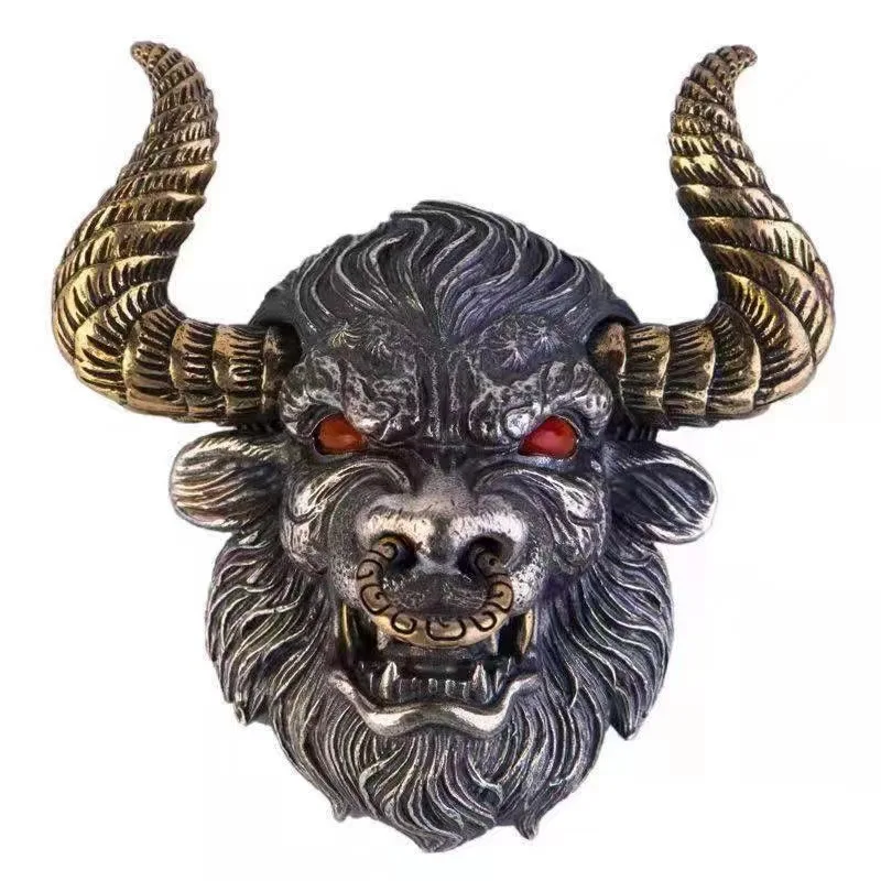 Chinese Style Lucky Good Fortune Wealth Blessing Bull Head Pendant Necklace For Men Copper Silver Plated Red Eye Bull Demon King