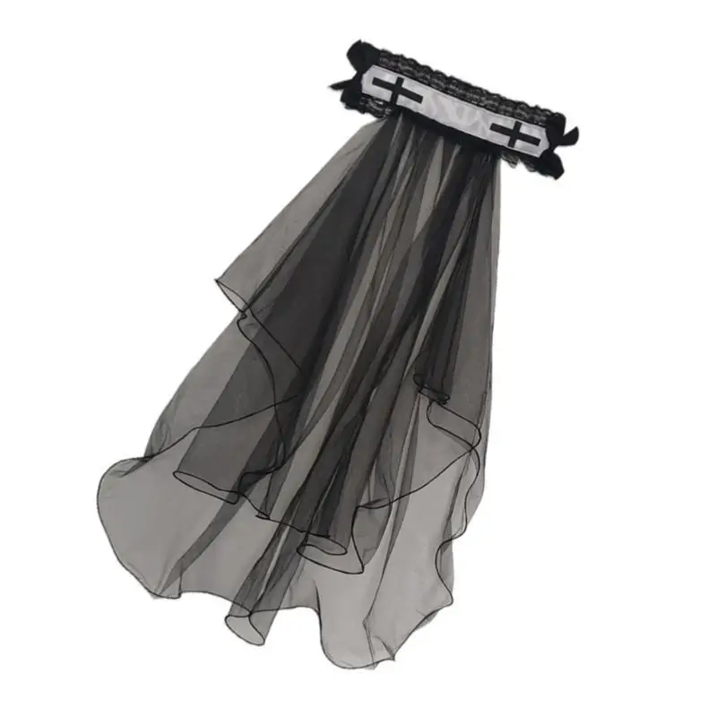 

2026 New Black Mantilla Veil Crucifix Hairband Head Veil Church Mantilla Veil for Wedding Dark Series Cosplay Costume Headpiece