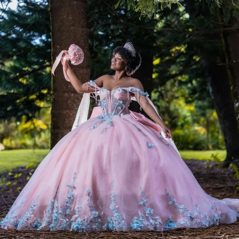 Personalizado rosa quinceanera vestidos fora do ombro lantejoulas borboleta apliques camadas arco cauda longa vestido 15 quinceanera