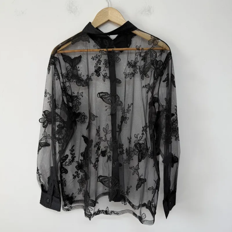 WVGA Summer New Man Tide 3D Embroidery Trendy Sheer Mesh Layered Loose-fitting Versatile Shirt Niche Chic Casual Tops Ins W23236