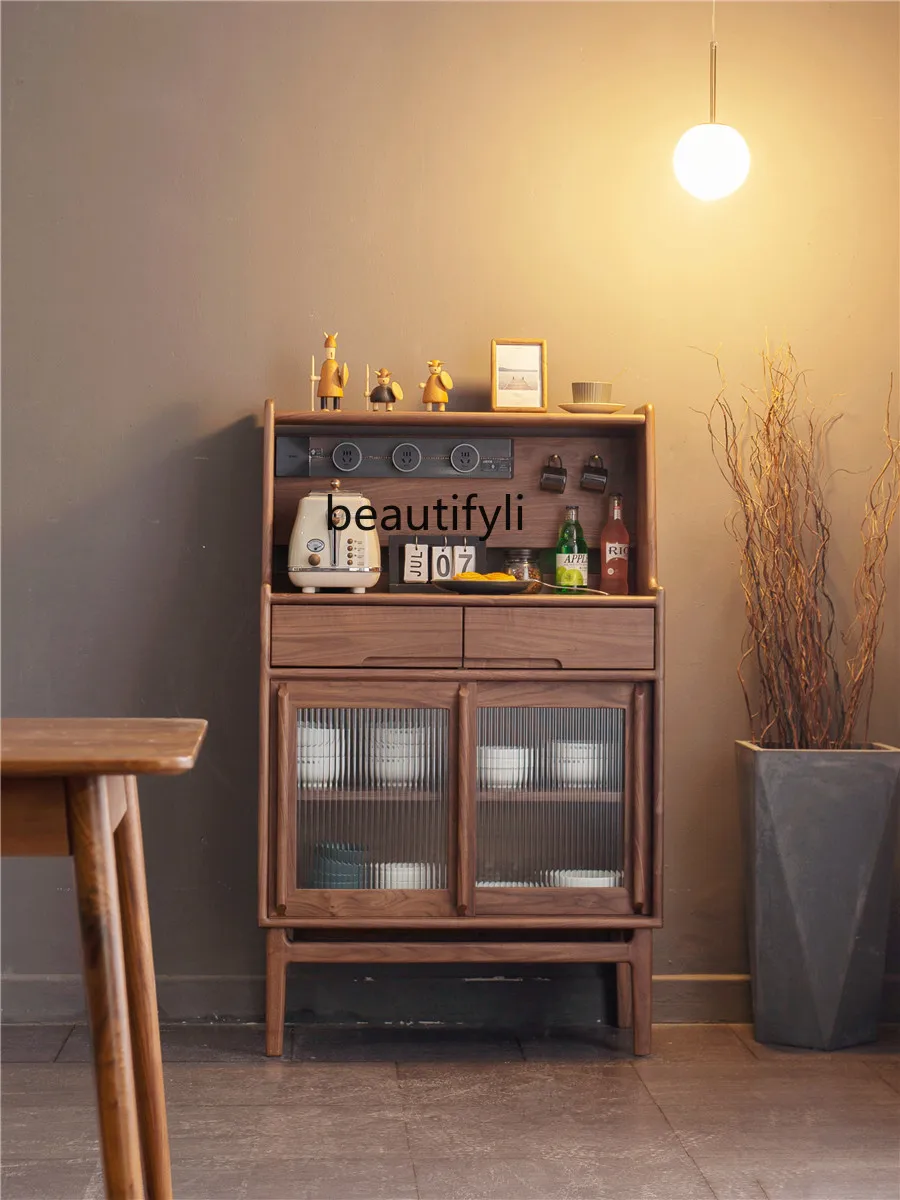 

North America Black Walnut Wood Sideboard Cabinet Simple Modern Living Room Tea Cabinet All Solid Wood with Lights Changhong