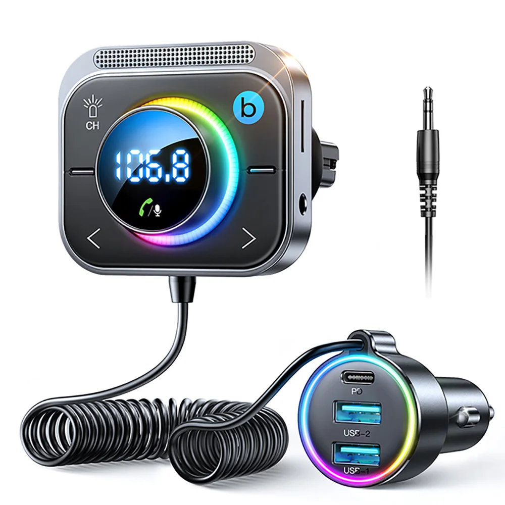 

Bluetooth 5.3 FM AUX Bluetooth Car Adapter Audio FM Transmitter Bass Boost 3 Ports PD&QC 3.0 FM Bluetooth for Car