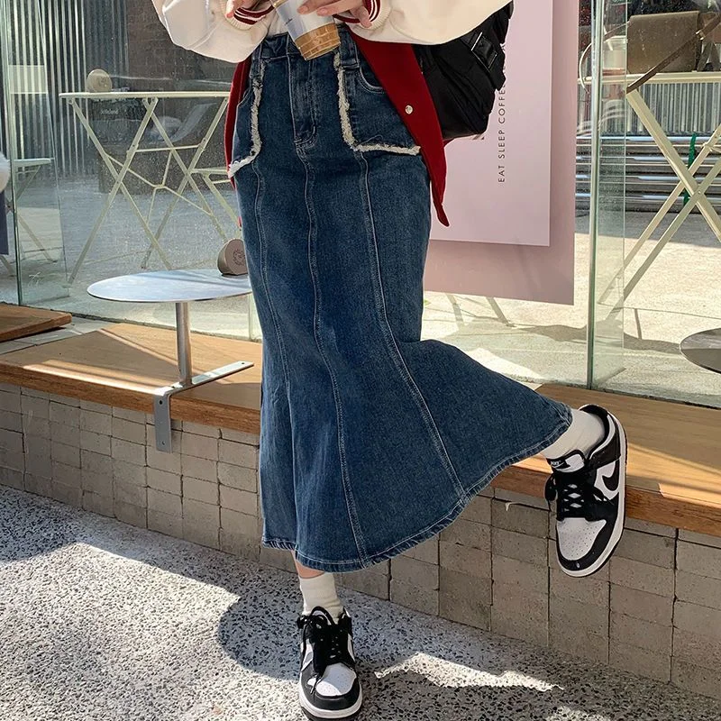 

S-5XL Юбки женские летние джинсовые рваные миди с высокой талией однотонные повседневные универсальные уличные одежды для студентов популярные шикарные BF