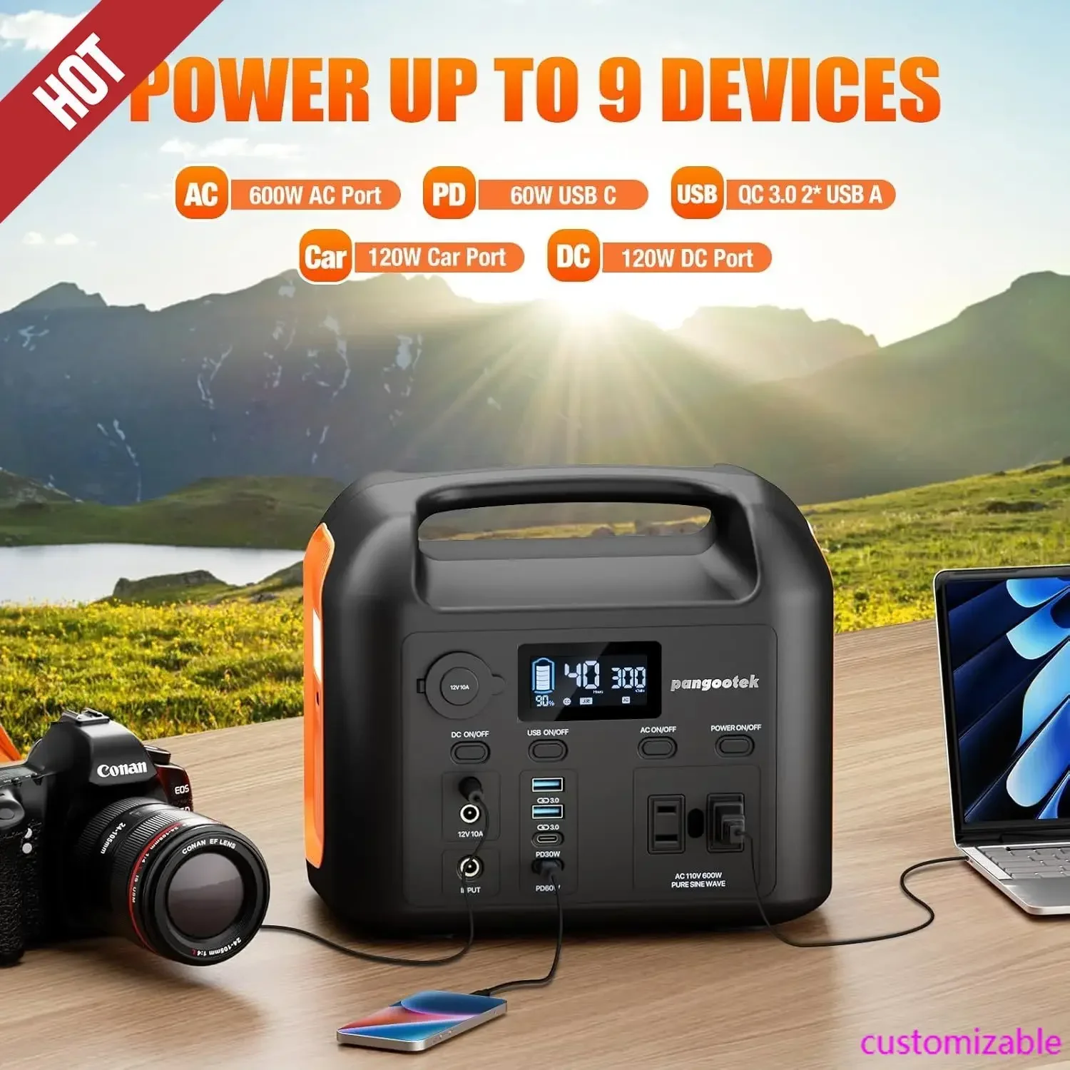 

Portable Power Station, 600W (1200W Peak) 299Wh LiFePO4 Solar Generator Pure Sine Wave 110V AC Car Outlets PD 60W