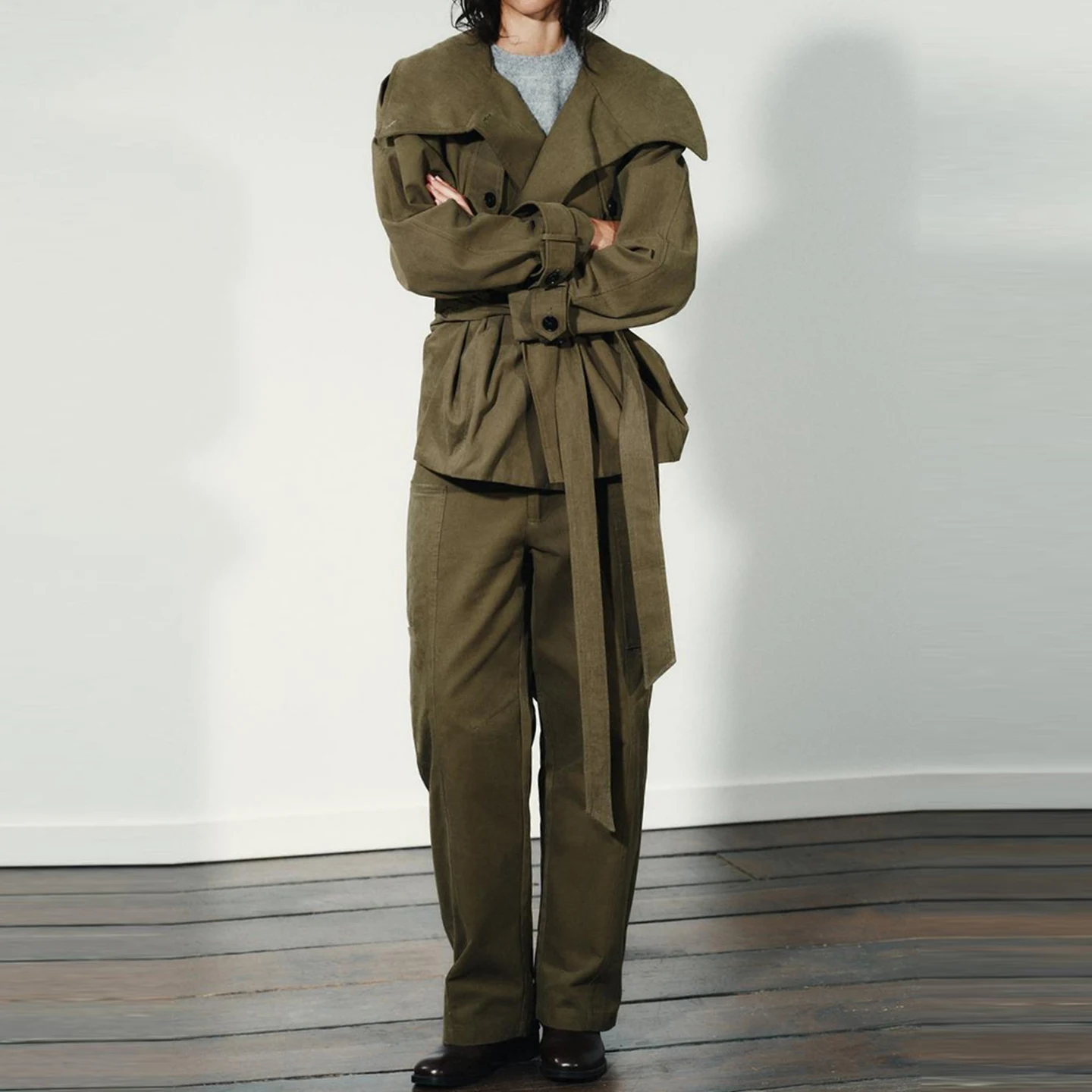 

Faionable Long Sve Stand Collar Belted Women's Sle Coat Z Commute Loose Fit Mid-Length Pure Color Autumn New Arrival