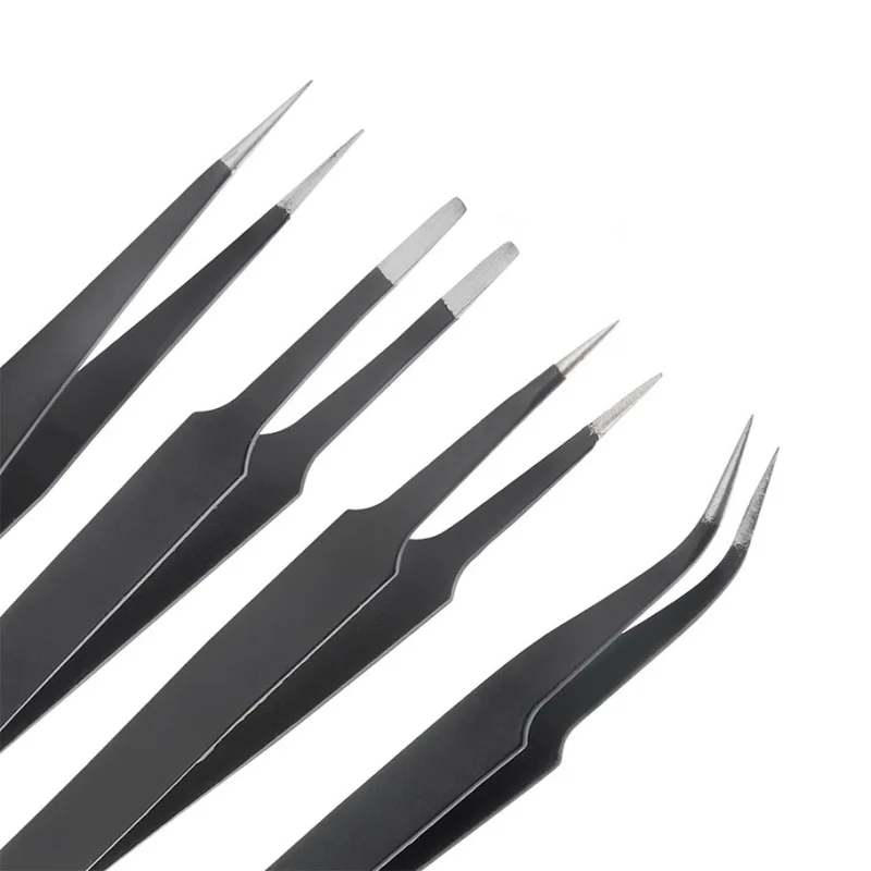 1pc Anti-Static Tweezers ESD Thickness 1.5mm Black Stainless Steel Super Fine Bent Tip Repair clamping tool clip