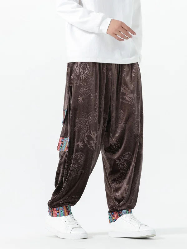 

New Chinese Style Ethnic Print Gold Velvet Men's Casual Pants Loose Harlan Autumn Winter Fashion Elastic Waist Polyester Fiber