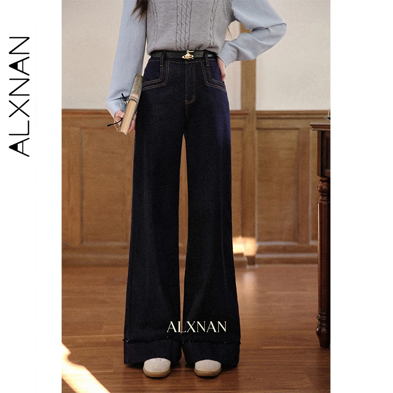 

ALXNAN Dark Blue Jeans Women Vintage High-waist Wide-leg Straight Cotton Denim Jeans Autumn New Casual Drape Baggy Pants L569171