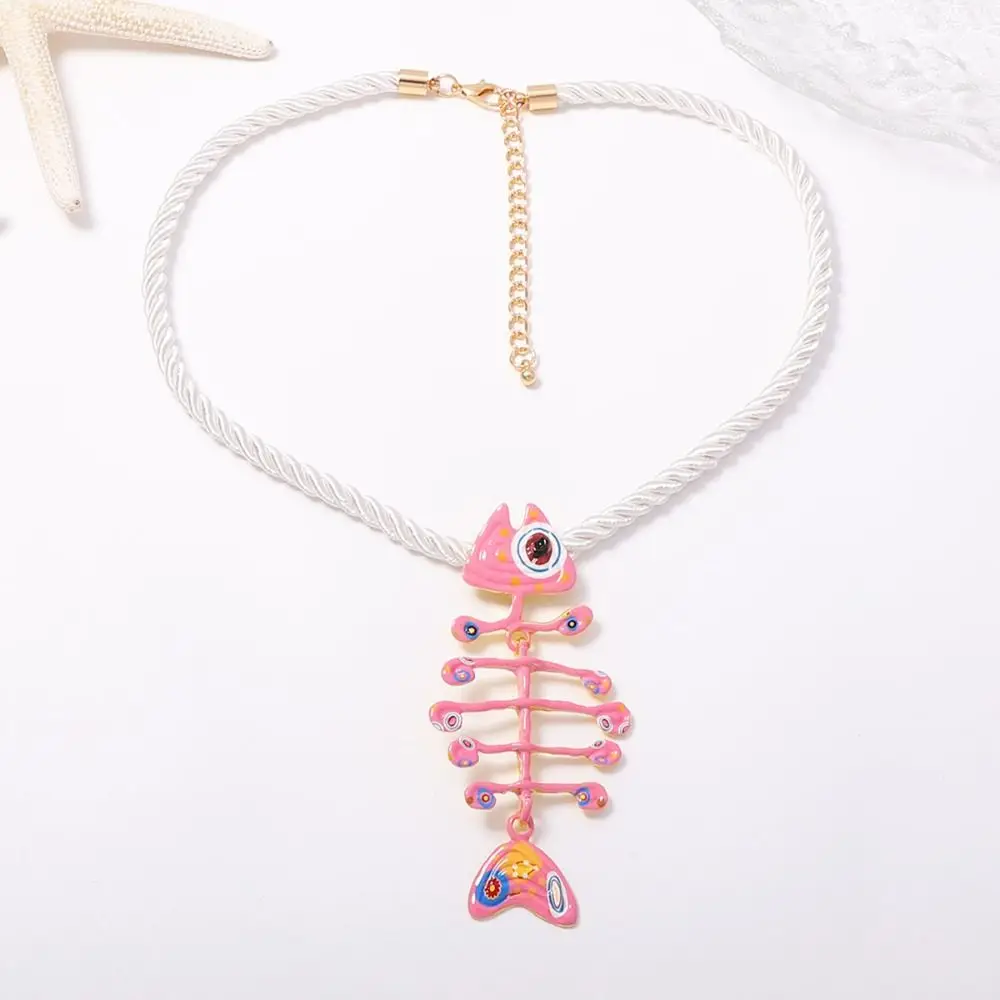 Trendy Boho Style Fish Bone Drip Oil Hand Woven Rope Fish Bone Pendant Multicolor Lightweight Alloy Fish Daily Outing