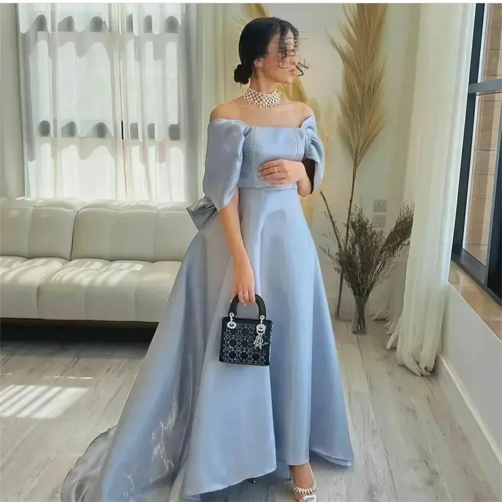 Customized Vintage Long Light Blue Evening Dresses With Bow High Low Off Shoulder Formal Party Dress For Women Exquisite High Q