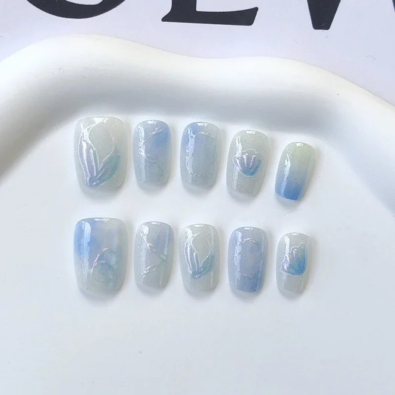 

10pcs Short T Blue Mermaid Cat's Eye Handmade Press on Nail False Nails Square Head Girl Lady Wearable Detachable Nail Tips