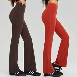 Pantalones de Yoga de cintura alta, ropa exterior deportiva de alta elasticidad, pantalones inferiores afilados de doble cara, pantalones Micro acampanados para correr de secado rápido