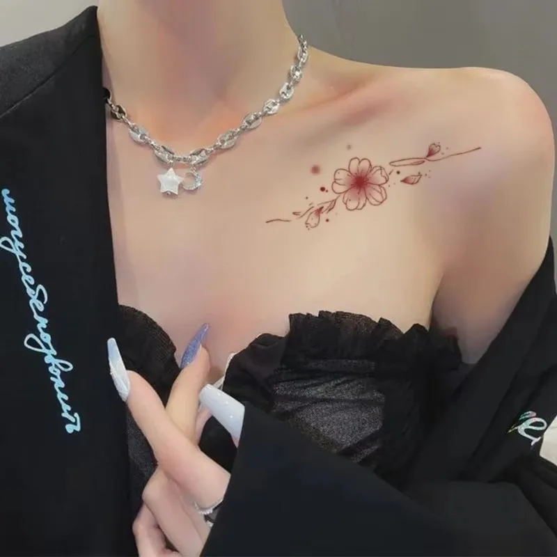 Pink Sakura Flower Temporary Tattoo for Women Clavicle Shoulder Art Flower Tattoo Stickers Japanese Cartoon Fake Floral Sticker