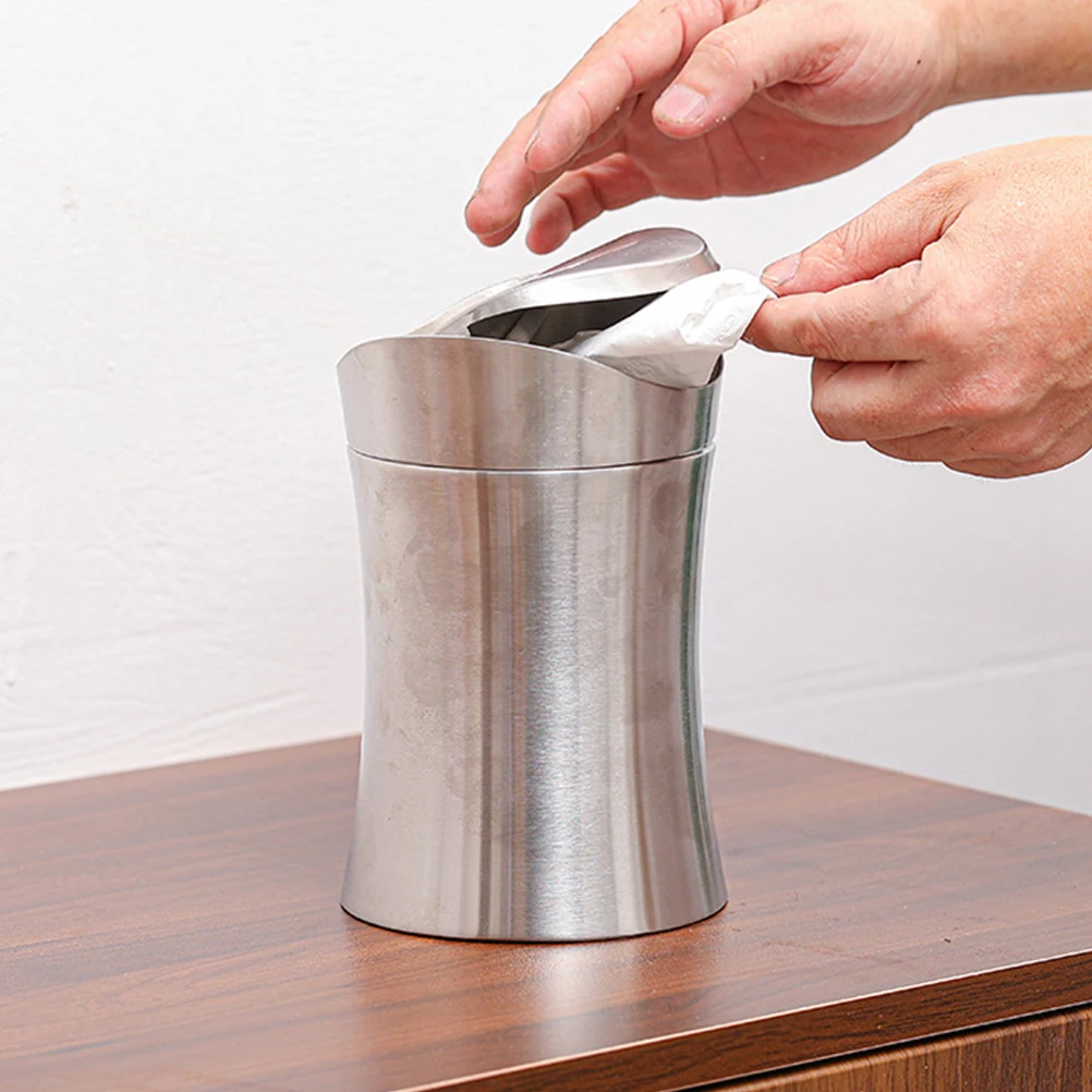 

Small Trash Can Creative Desktop with Lid Mini Countertop Wastebasket Covered Bathroom Silver Little Garbage Bin