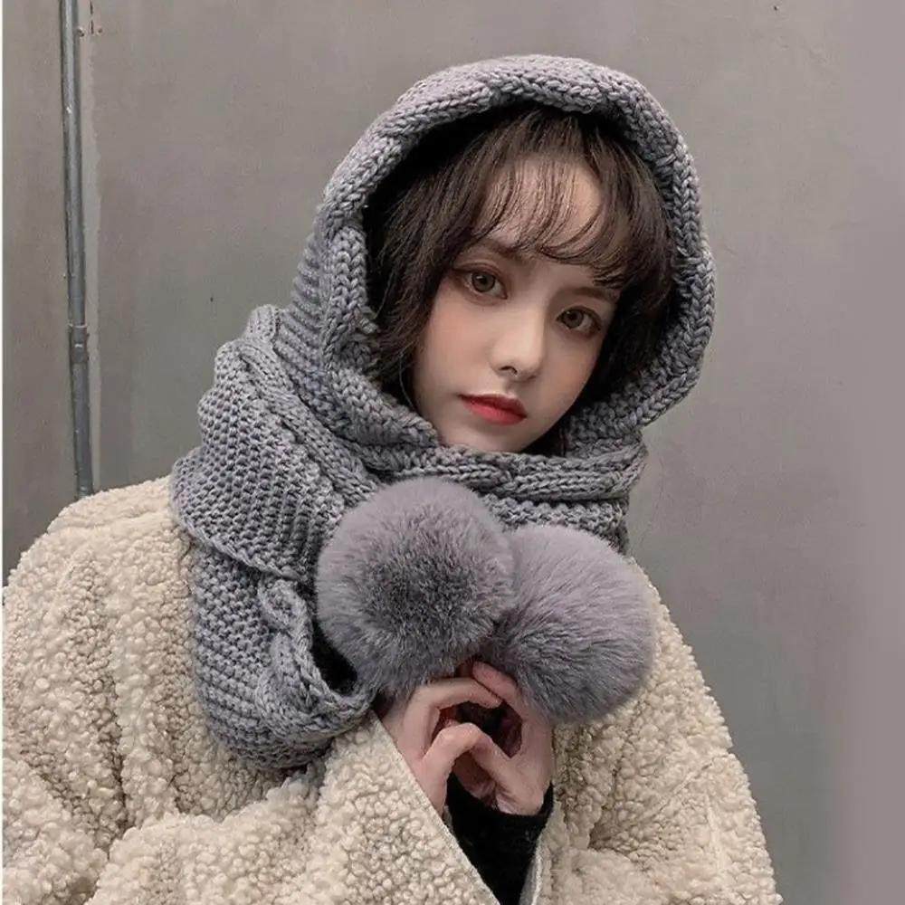 محبوك قبعات مقنعين الدافئة للنساء لطيف Pompom بالاكلافا القبعات في الهواء الطلق الرقبة أدفأ يندبروف وشاح قبعة قبعات التزلج #6