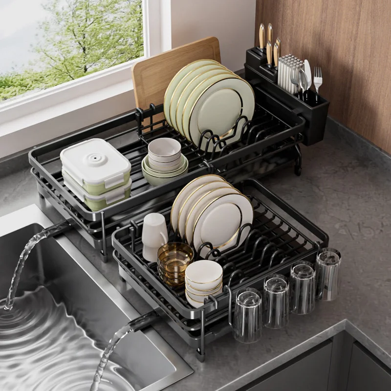 Kitchen Storage Organization Sink Dish Rack with Tray Plate Bowl Cup Kitchenware Tableware Drainer Rack Retractable Dish Drainer