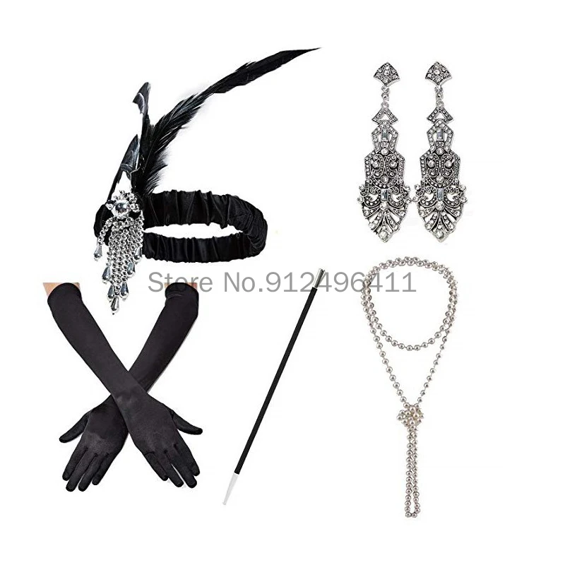 Ladies Gatsby Fancy Dress Accessories Flapper 1920'S Charleston Girl Costume Set For Necklace Headband Gloves Cigarette Holder