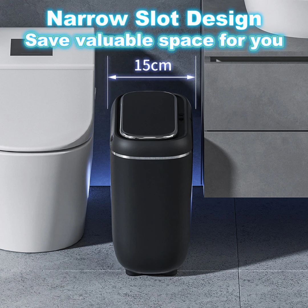 Bathroom Trash Can with Lid,14L Automatic Touchless Garbage Can, Smart Motion Sensor, Slim Plastic Trash Bin for Bedroom, Office