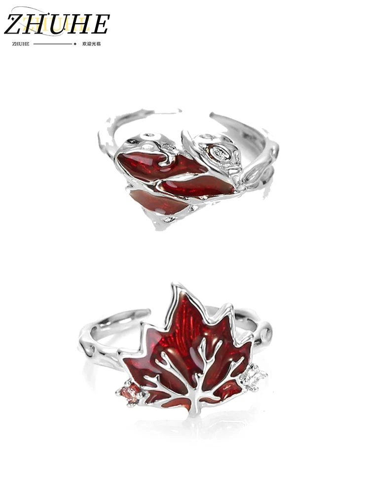 

Unique Red Maple Leaf Adjustable Ring Set Fashion Silver Plated Enamel Jewelry for Women