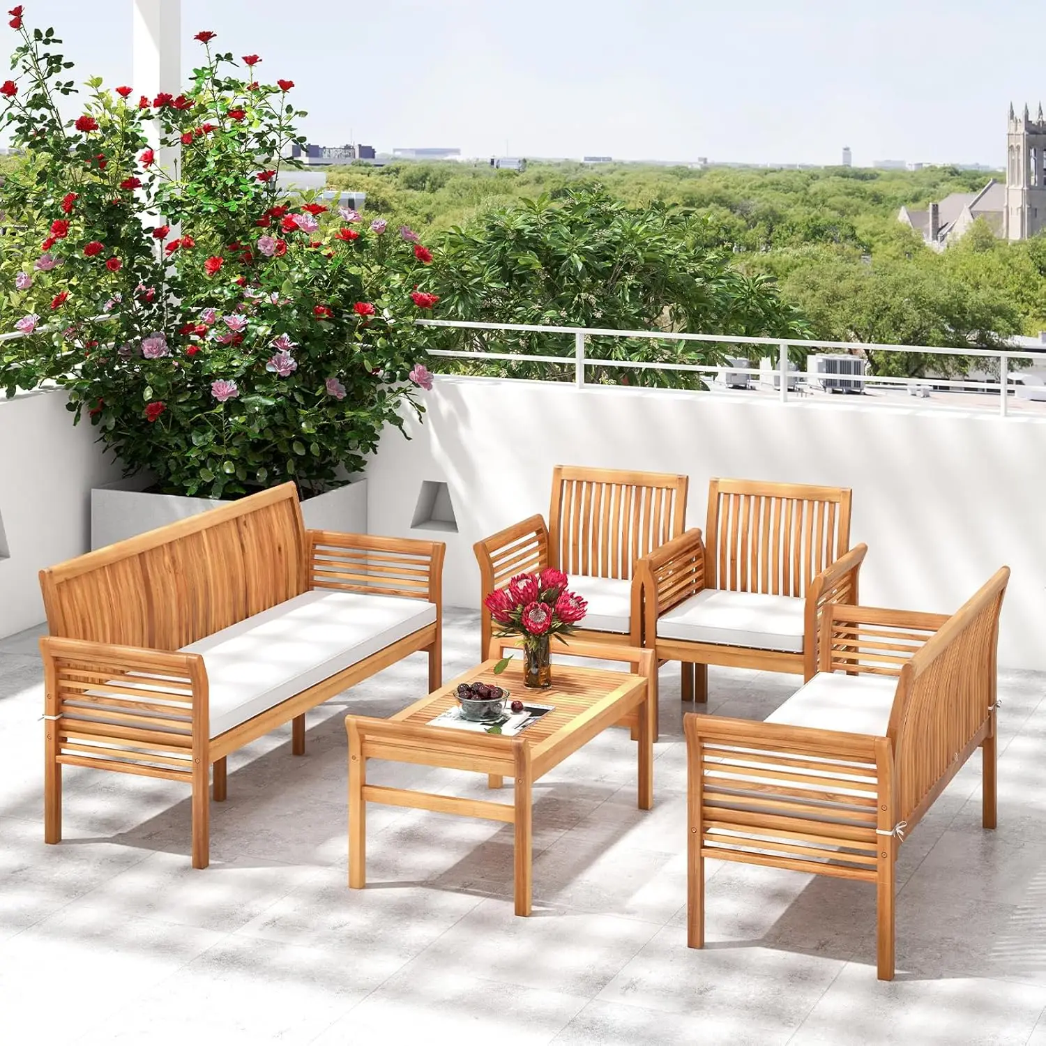 

5pc Acacia Wood Patio Set w/ Loveseat Bench 2 Chairs Table Cushions Garden Poolside Yard Outdoor Conversation, Customized