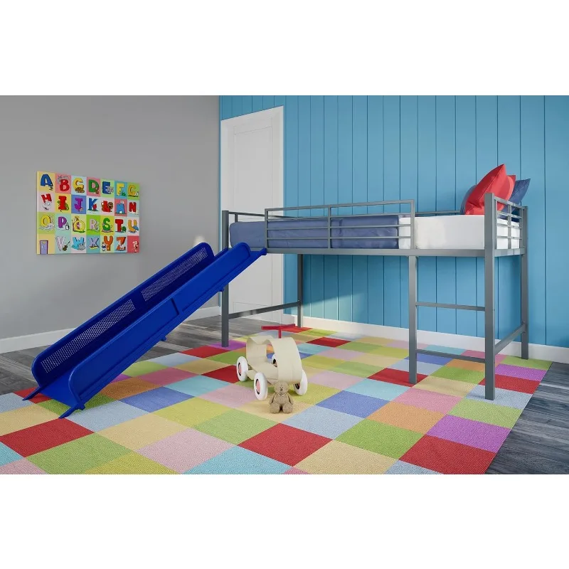 Silver Junior Twin Metal Loft Bed with Slide, Multifunctional Design, Silver with Blue Slide