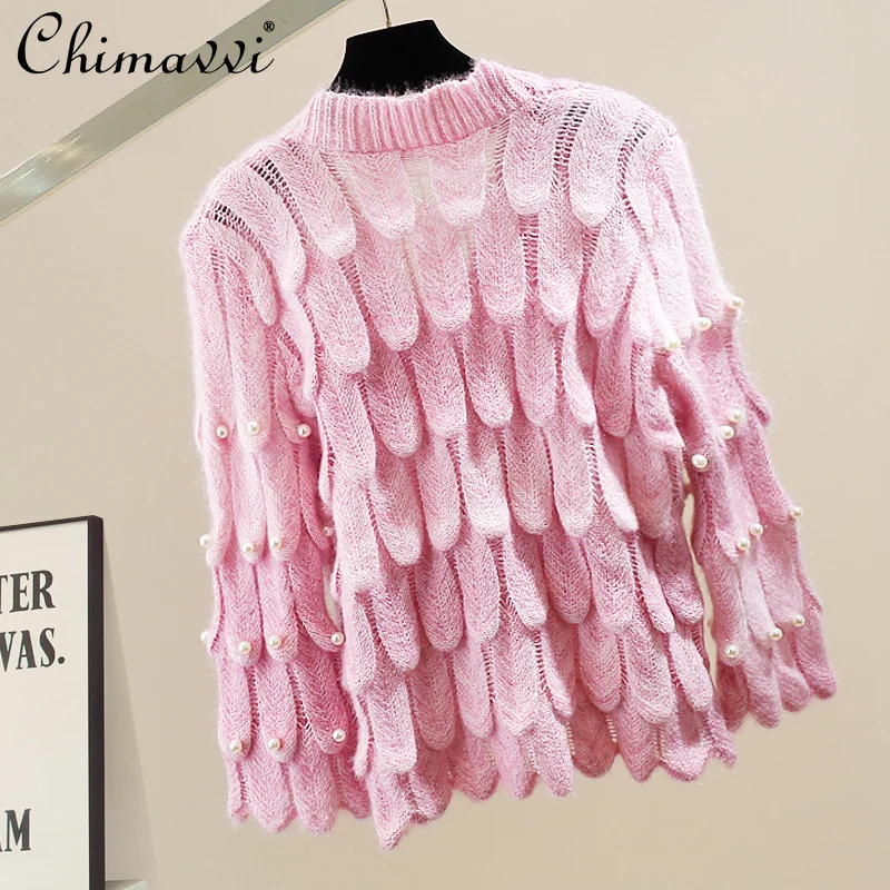 European Station New Fashion Heavy Beads Sexy Long Sleeve Sweater Sweet Ladies Loose Elegant Versatile Knitted Cardigan Jacket