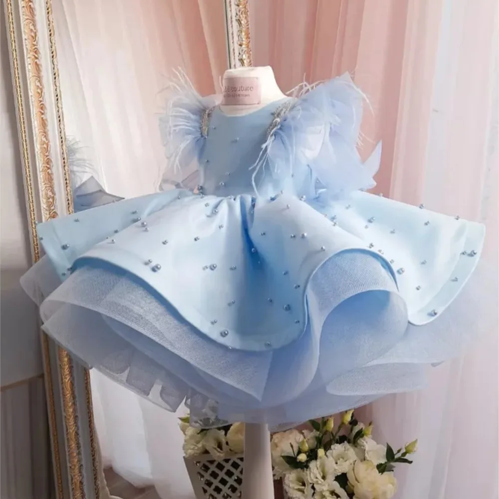 Luxury Pearls Flower Girl Dress Puff Girls Party Dresses for Wedding Short Sleeves Tulle Kids  flowergirl dress Ceremonial Dress