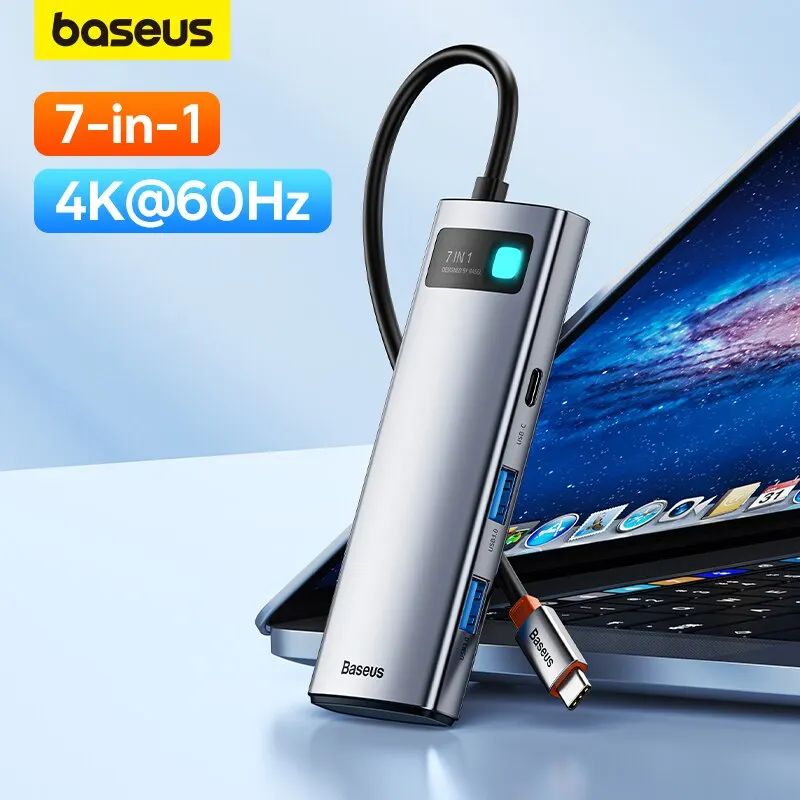 Baseus C타입 포트 SD/TF 카드 리더, 맥북 아이패드 M2 M1 스팀 데크용, 7-in-1 2 세대 USB C 허브, 4K @ 60Hz HDMI 3 * USB 3.0 PD 100W 