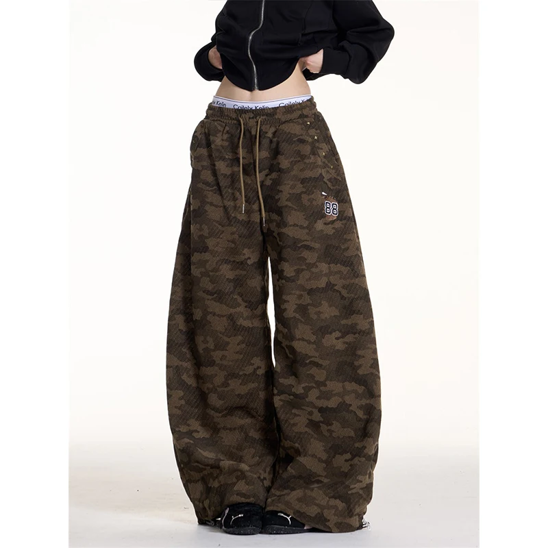 

American Style Casual Camouflage Loose Sports Pants Jazz Dance Drawstring Floor-Length Design Sense Women's Cotton Trousers