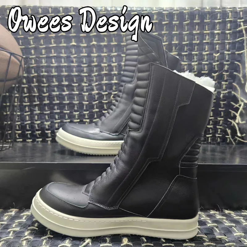 Owees Design Round Head Flat Mid-calf Boots Men's Brand High Top Boots Tide Cowhide Thick Soled Classic Couple Fashion Shoes