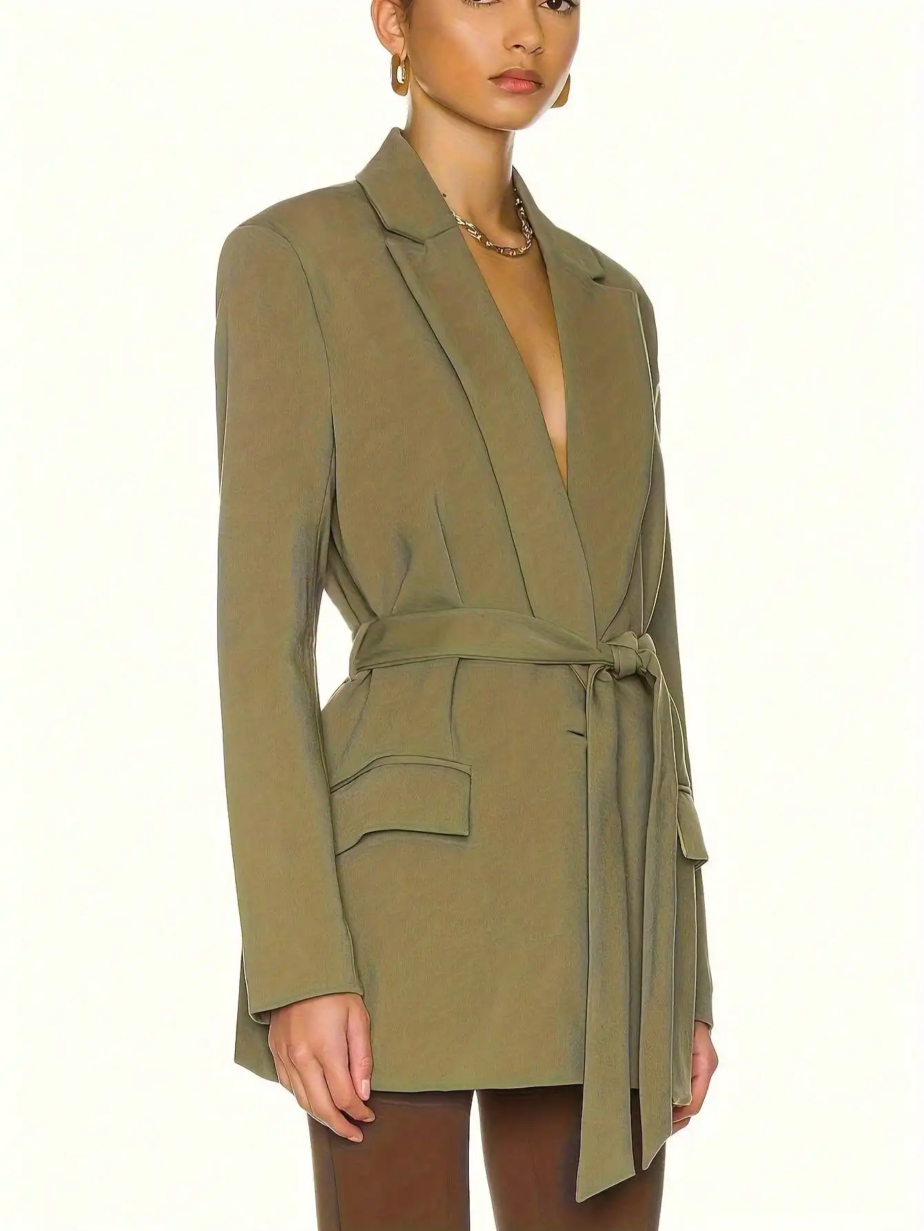 여성용 우아한 캐주얼 핏 타이 웨이스트 블레이저 재킷 사무용 우아한 스타일 여성용 패션 비공식 통근용