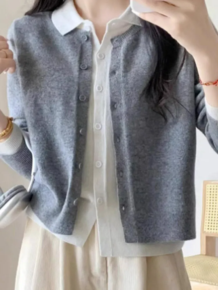 

Korean Sle Long Sve Knitted Woolen Cardigan Comfortable Color Blo Design Slimming Outerwear Ele Commute Coat