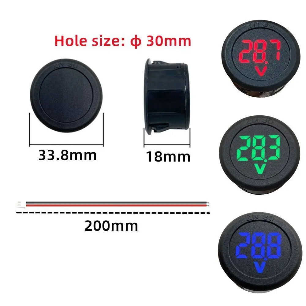 Car Voltmeter DC 4-100V LED Digital Display Round Two Wire Panel Voltage Meter