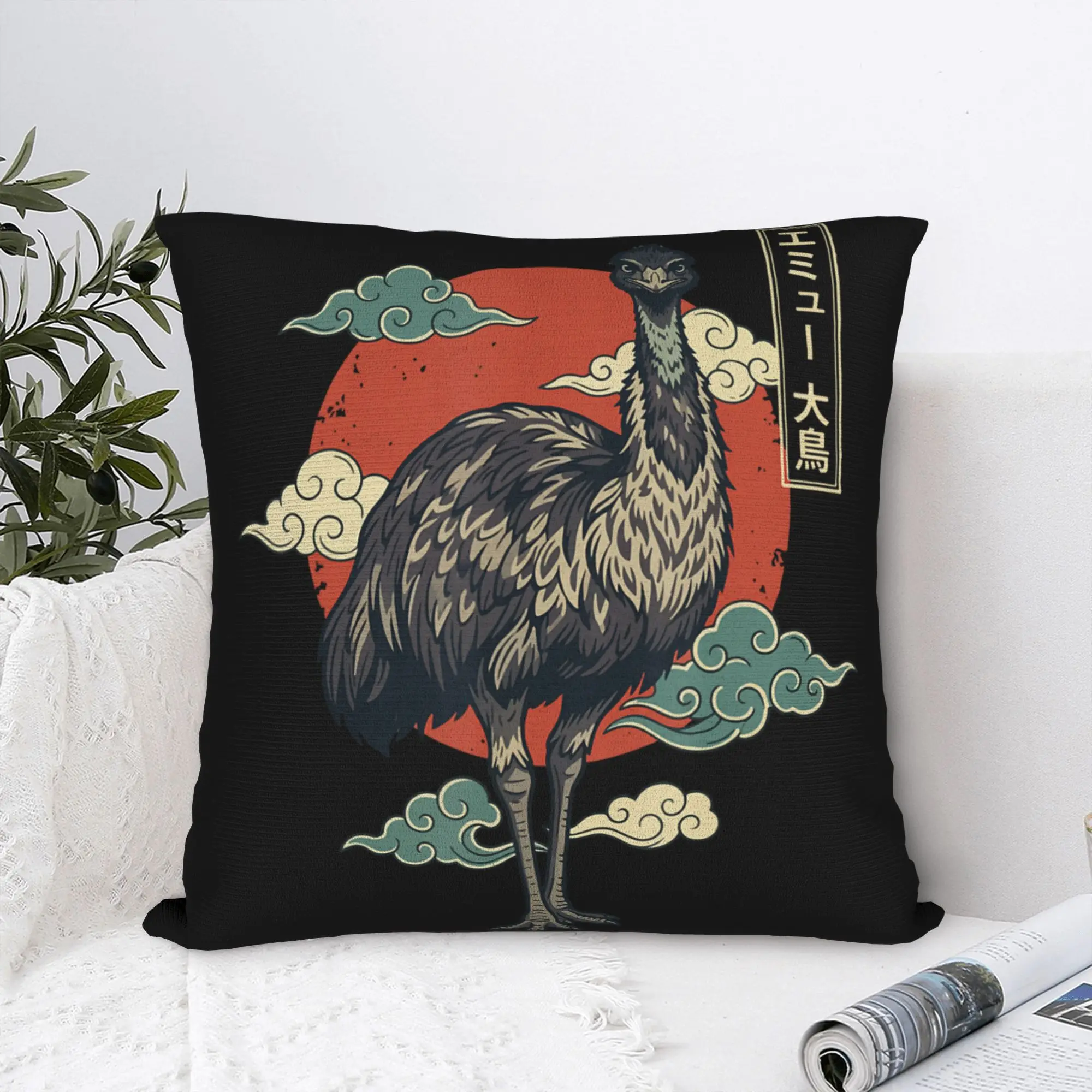 Japanese Emu Bird Ukiyo-e Pillowcase Soft Polyester Cushion Cover Decoration Funny Aesthetic Throw Pillow Case Cover Home Zipper