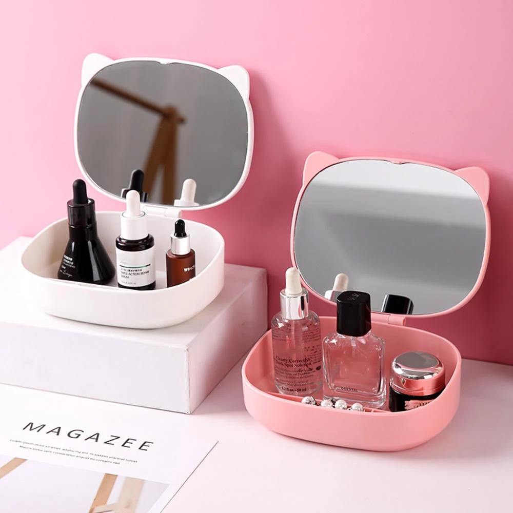 New Cartoon Foldable Makeup Desk Mirror Storage Box Women Students Dormitory Desktop Home Use Small Size Plastic Frame