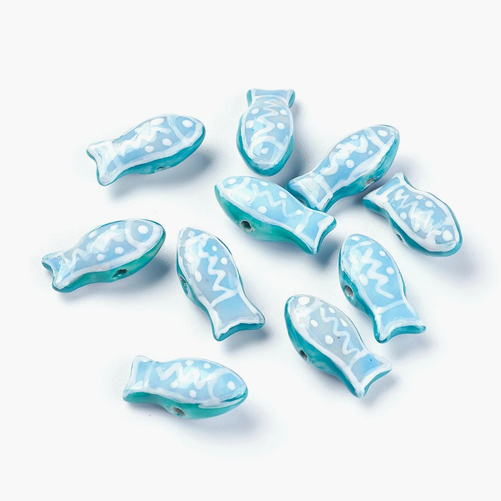 10pcs Handmade Printed Fish Porcelain Beads Sky Blue Animal Ceramic Spacer Beads for DIY Jewelry Making Necklace Earrings Gifts