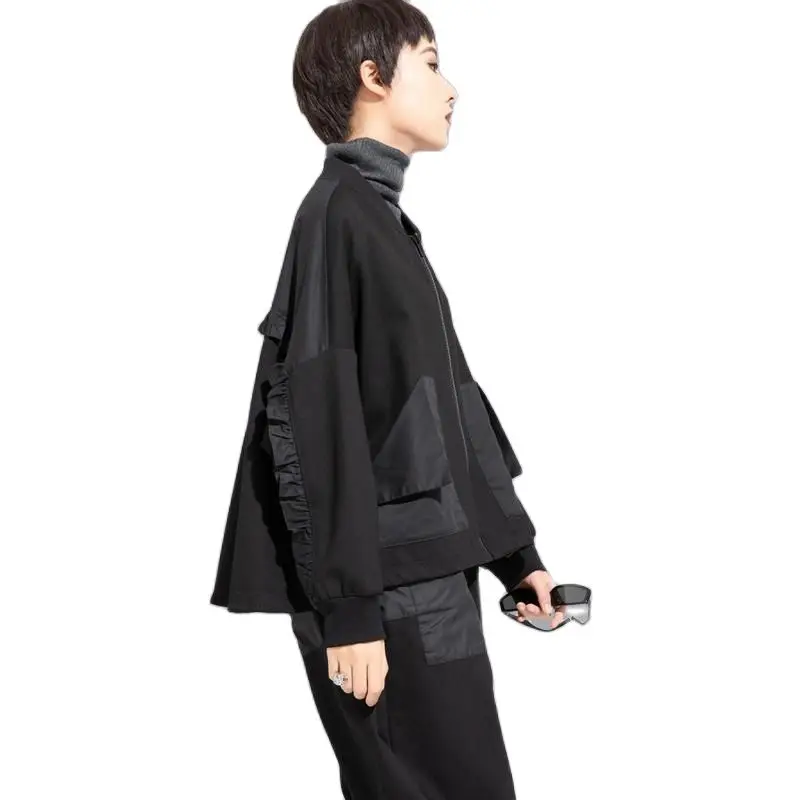 Autumn Spring 2024 Ruffles Patchwork Pockets Zipper Jacket Women New Black Vintage Long Sleeve Loose Causal Coat Fashion Clothes