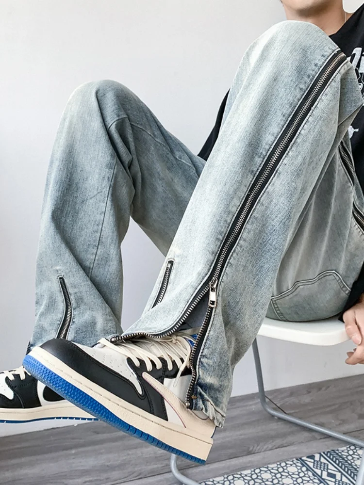 

Мужские джинсы American Sle с боковой молнией и прямыми штанинами, модные молодежные джинсы от бренда Hong Kong Sle, износостойкие и удобные.