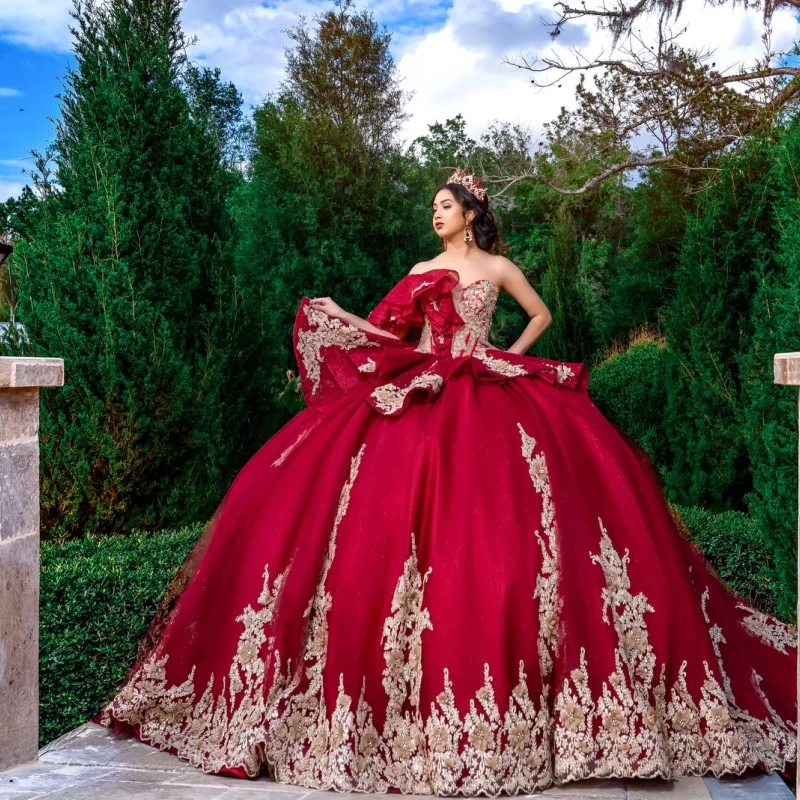 

Red Quinceanera Dresses Off the Shoulder Golden Glitter Crystal 3D Flower Decal Long tail Bow Vestidoe 15 Quinceanera Customize