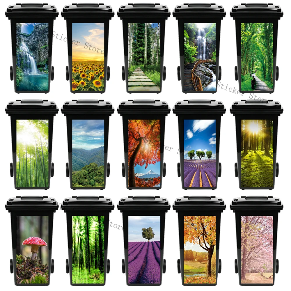 Beautiful Scenery Natural Plants Outdoor Trash Can Sticker Kitchen Waterproof Art Landscape Diy Mural PVC Trash Can Sticker