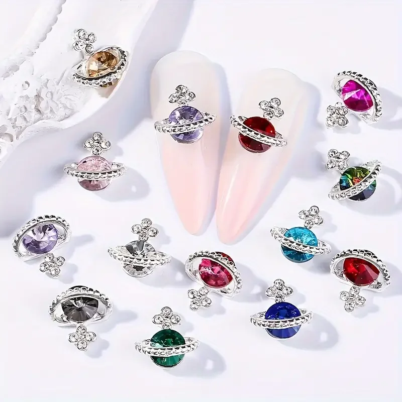 10-Piece Nail Art Charms Set, 3D Planet Saturn Alloy Rhinestones - Luxury Shiny Crystal Nail Decorations & DIY Crafting Gems