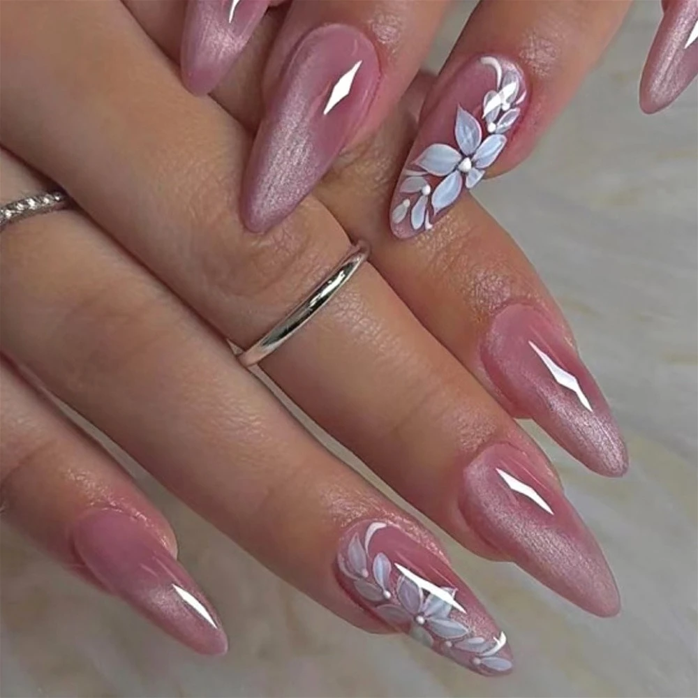 

Blue Flowers Leaves Pink Cat Eye Sparkling Wearable Nail Art Fashion Fake Nails Detachable Finished False Nails Press on Nails
