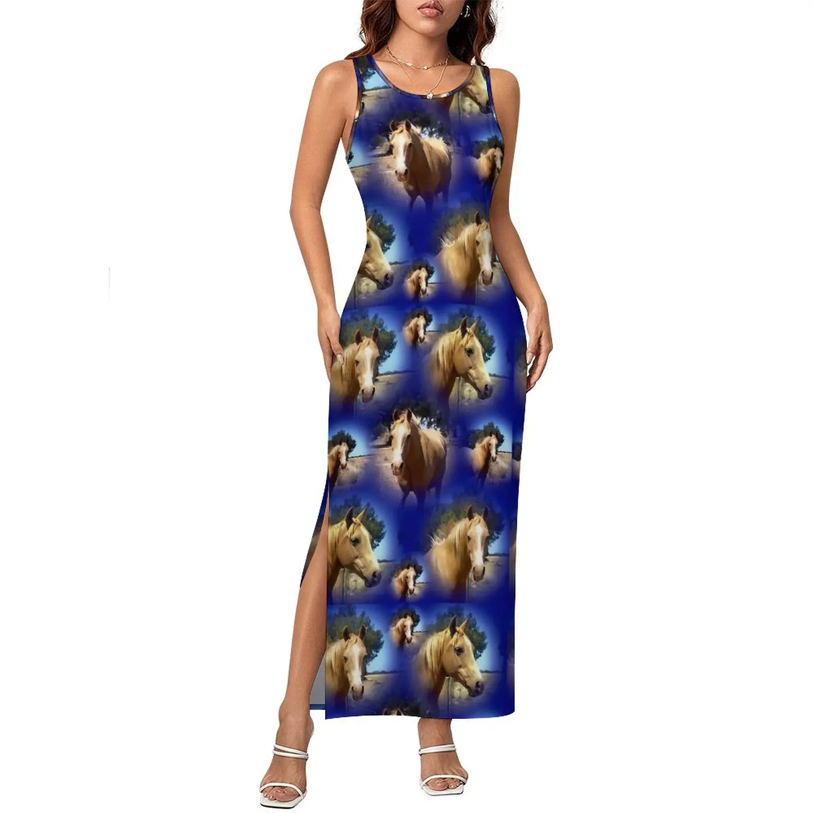 Palomino cavalo vestido sem mangas animal impressão estilo rua maxi vestidos retro bodycon vestido feminino gráfico oversize
