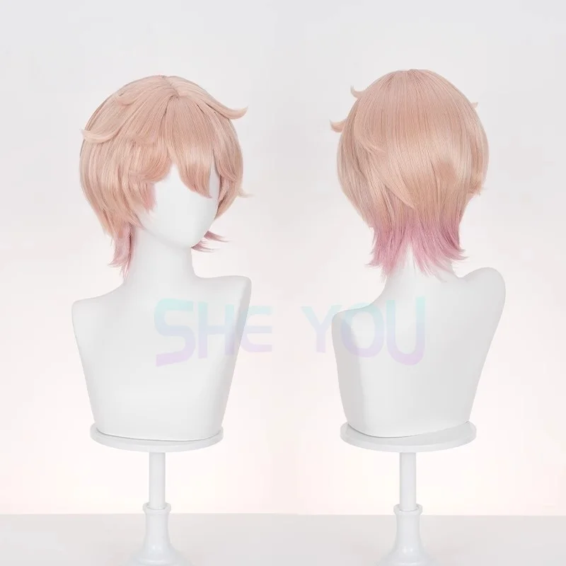 داليا شعر مستعار تأثيري برتقالي وردي قصير الشعر القوطي مصاص دماء Heterochromia الصبي Mondstadt حفلة الهالوين للنساء الرجال