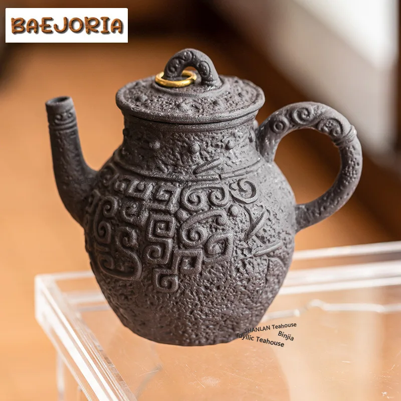 BAEJORIA 120ml Handmade Black Pottery Teapot Boutique Fretwork Sea Hand-grasp Pot With Filter Tea Soaking Kettle Teaware Gifts