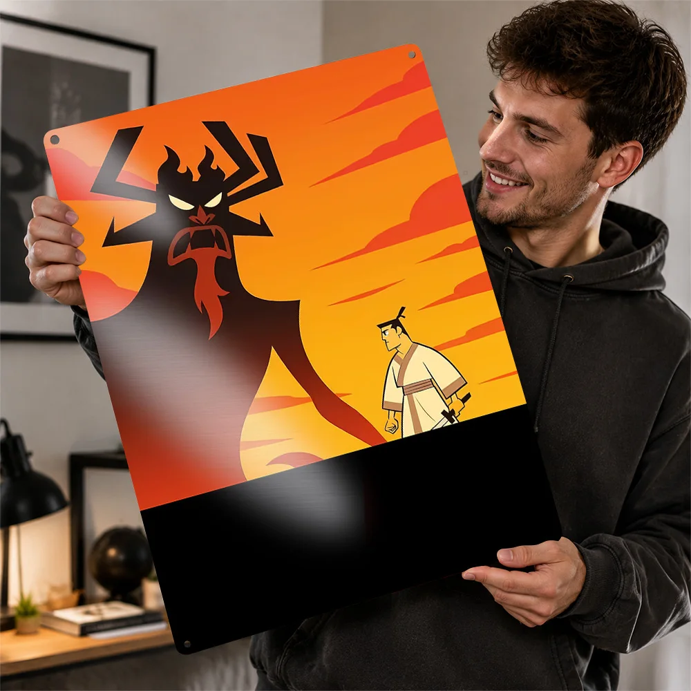 Samurai Jack Facing Aku Personalized 3D Textured Metal Poster Wall Art Vintage Tin Signs for Living Room Interior Decoration