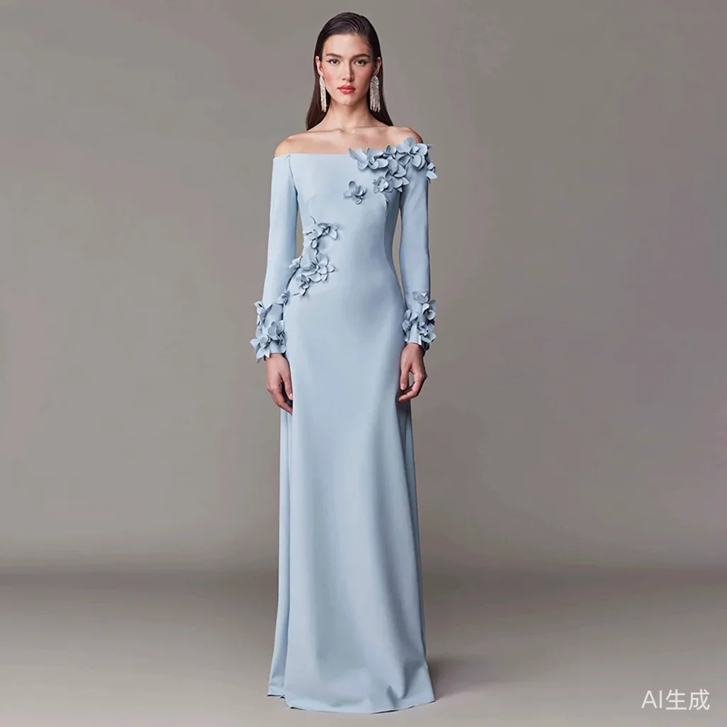 

Голубое вечернее платье по индивидуальному заказу с вырезом лодочкой и длинными рукавами, цветы, прямые платья для торжественных случаев, платье для выпускного вечера в Саудовской Аравии