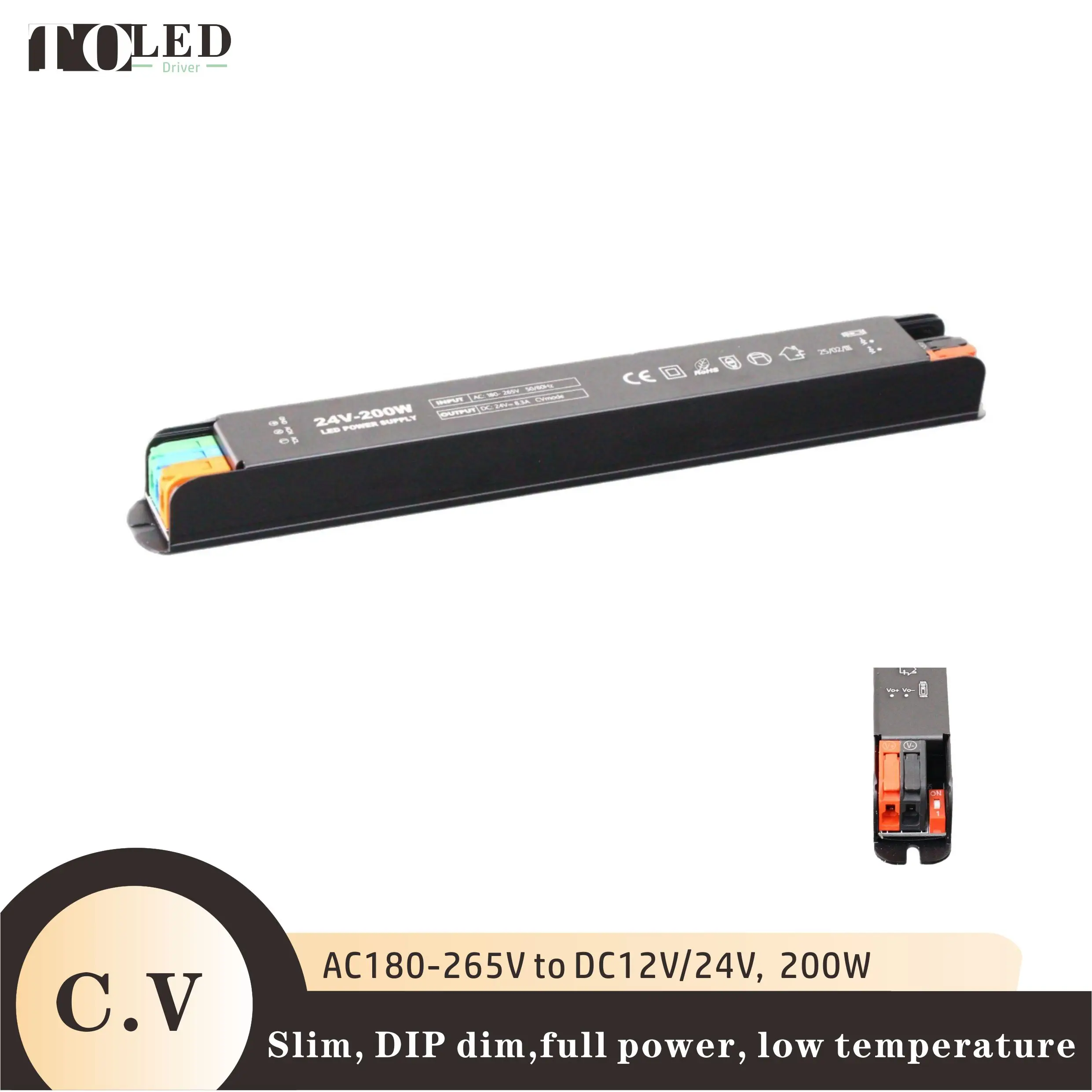 C.V DC24V 200W slim LED driver switching power supply lighting transformer DIP dim,low temperature,low price