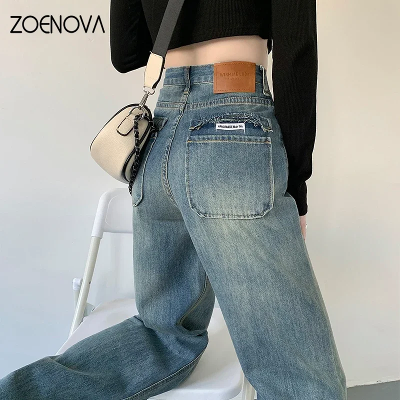 ZOENOVA High Quality Spring New Wide Leg Pants Women's Jeans Fashion Straight Casual Street Y2K Retro Soft Cargo Denim Trousers